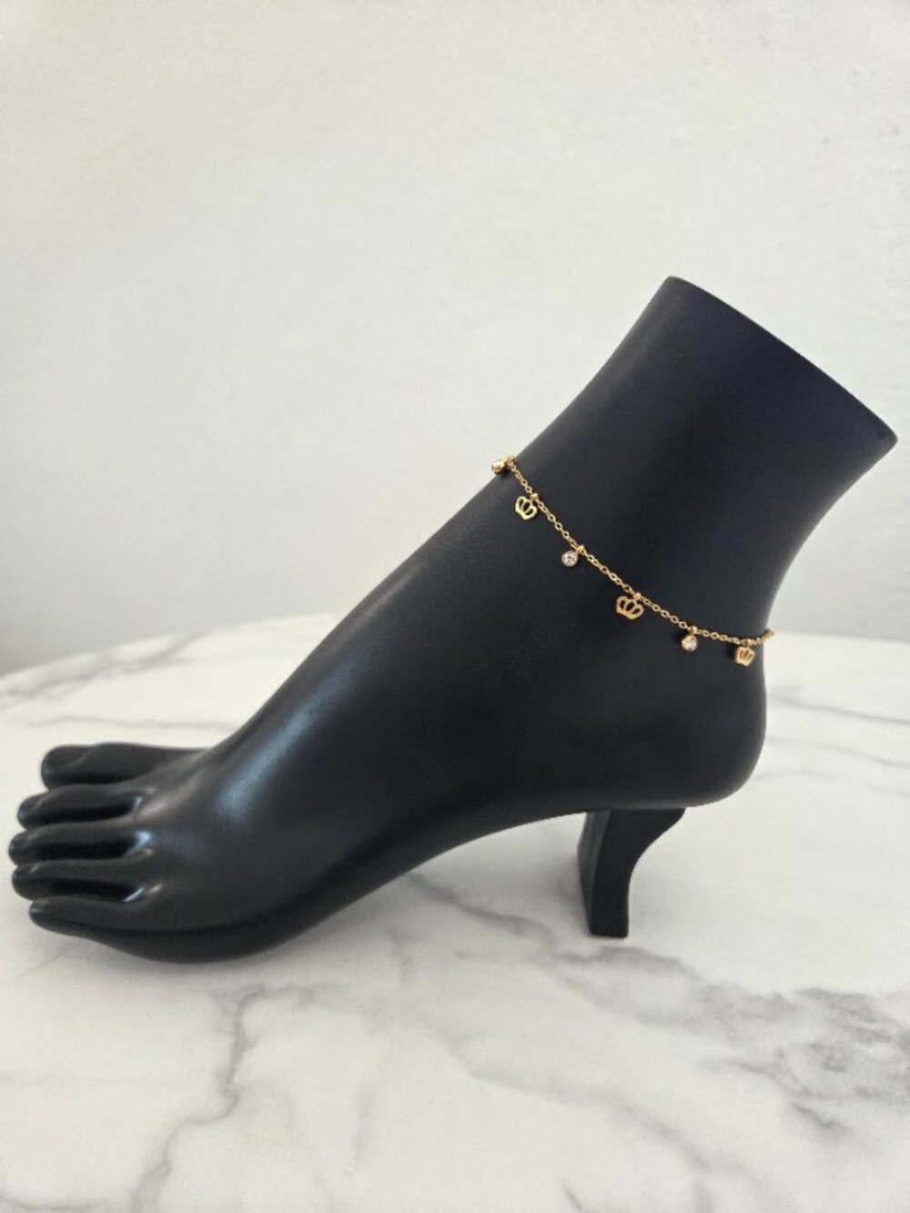 Gold Chain Anklet with Crown and Rhinestone Charms Delicate Beach Jewelry - Picture 3 of 13